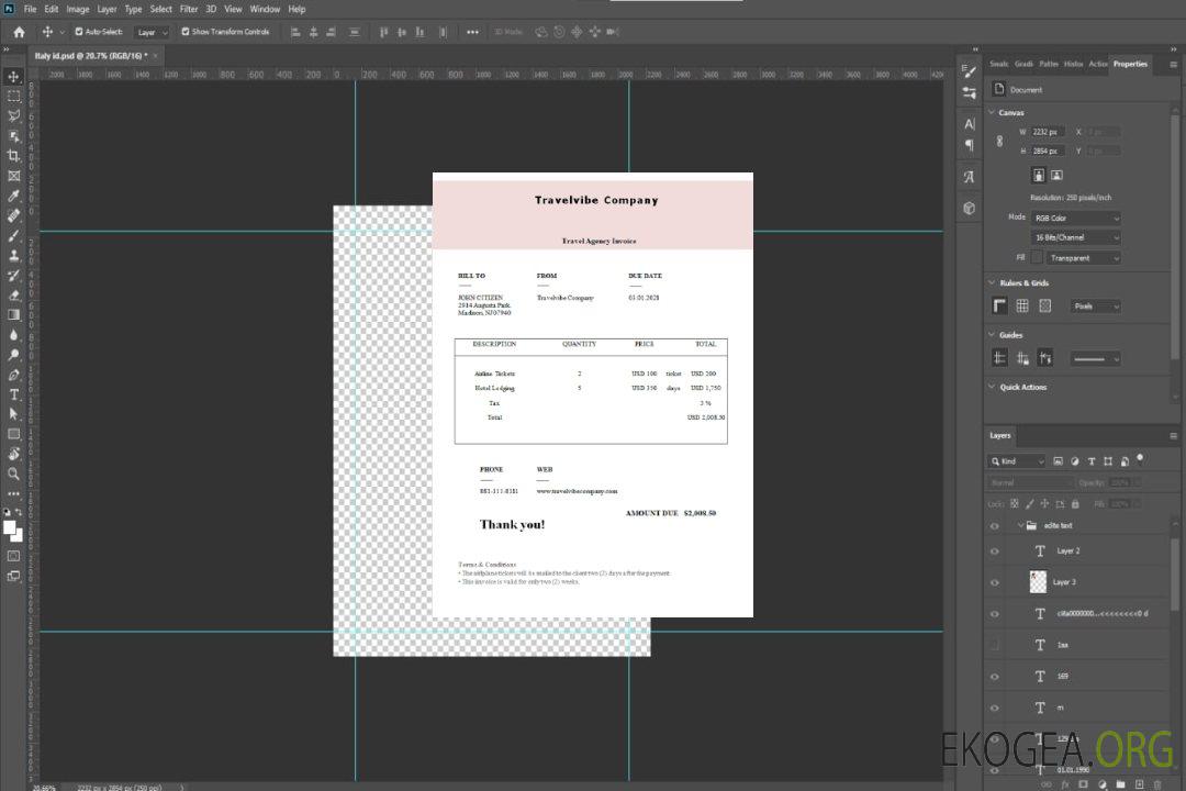 Facture de la société Travelvibe aux États , Unis template Facture de la société Travelvibe aux États , Unis template